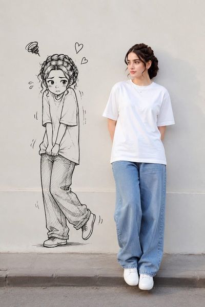 A cute girl strikes a mischievous pose beside her playful doodle shadow