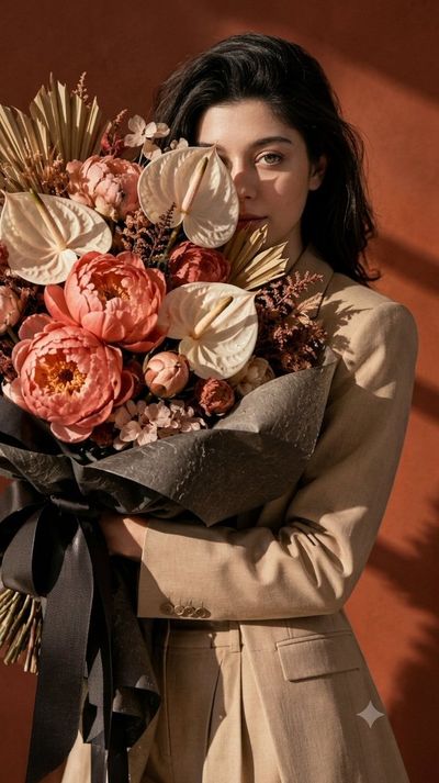 Woman Holds Giant Floral Bouquet Against Terracotta Studio Wall
