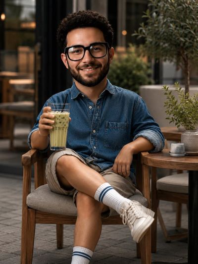 Young man enjoys iced matcha latte at a Scandinavian café