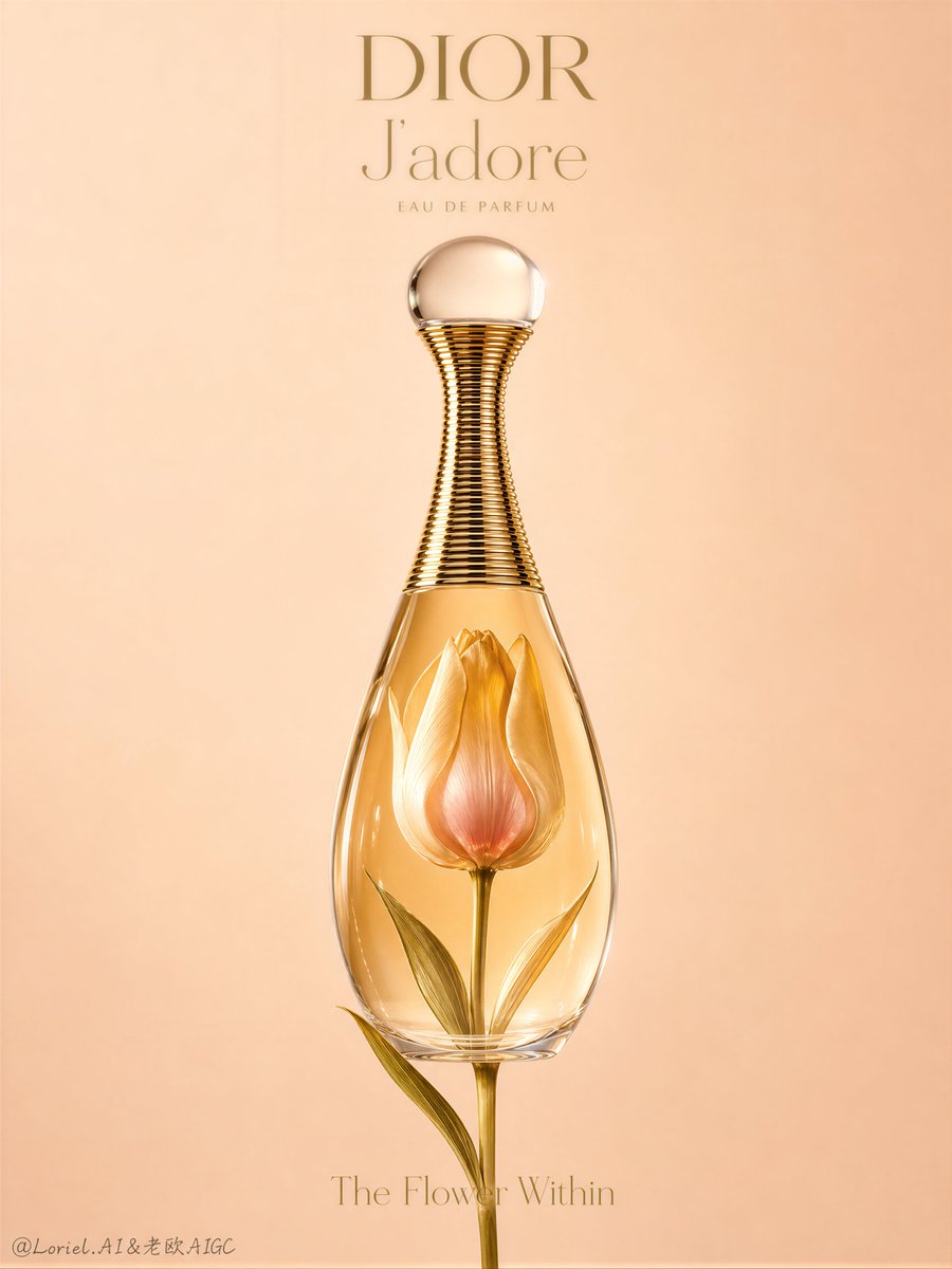 A single tulip floats inside Dior's iconic golden perfume bottle