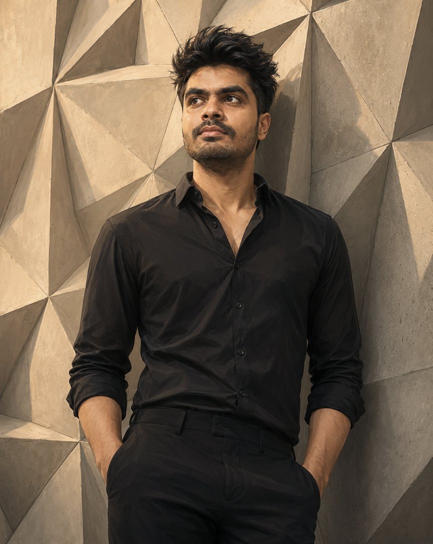 Confident man in black shirt leans against geometric concrete wall