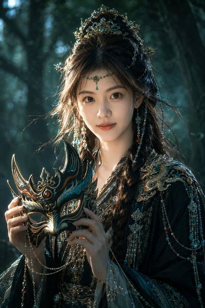 A woman in an embroidered robe holds a dragon mask in misty forest light