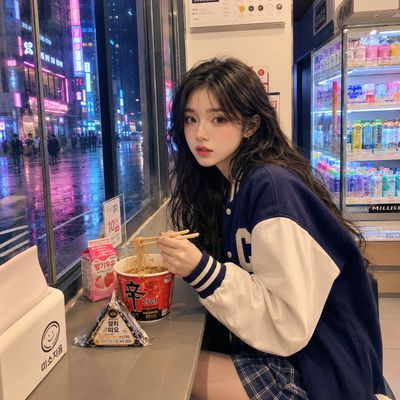 A Korean girl eats ramen in a neon-lit convenience store