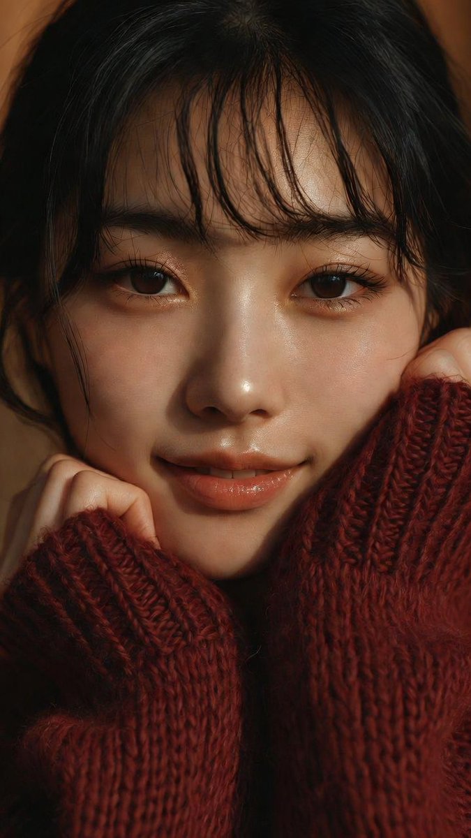 Woman in burgundy sweater rests her face on soft sleeve