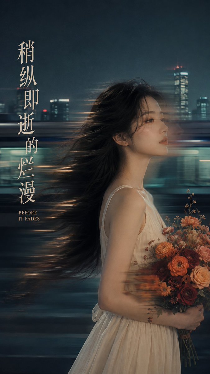 A woman's blurred silhouette fades into the city night