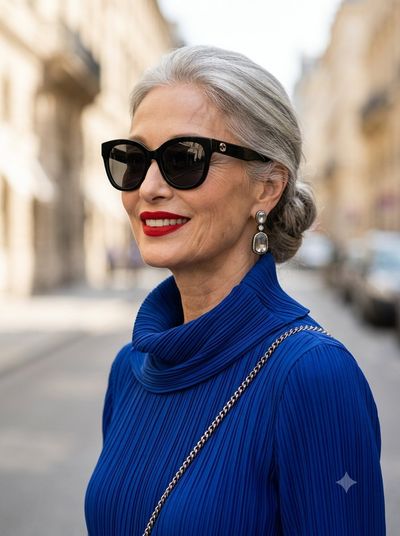 Silver-haired woman in blue dress smiles in soft daylight