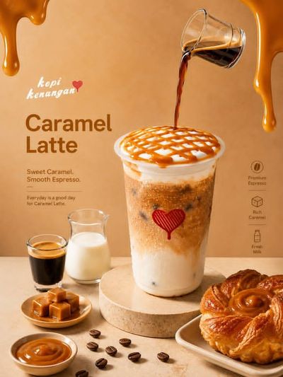Rich caramel latte with golden drizzle on elegant pedestal