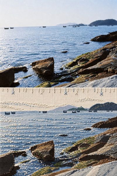 Handcrafted fabric collage reimagines Japanese travel scene with stitched layers