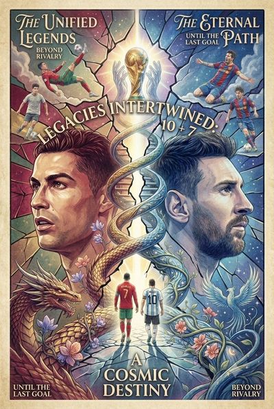 Two football legends climb a DNA staircase toward a shared trophy