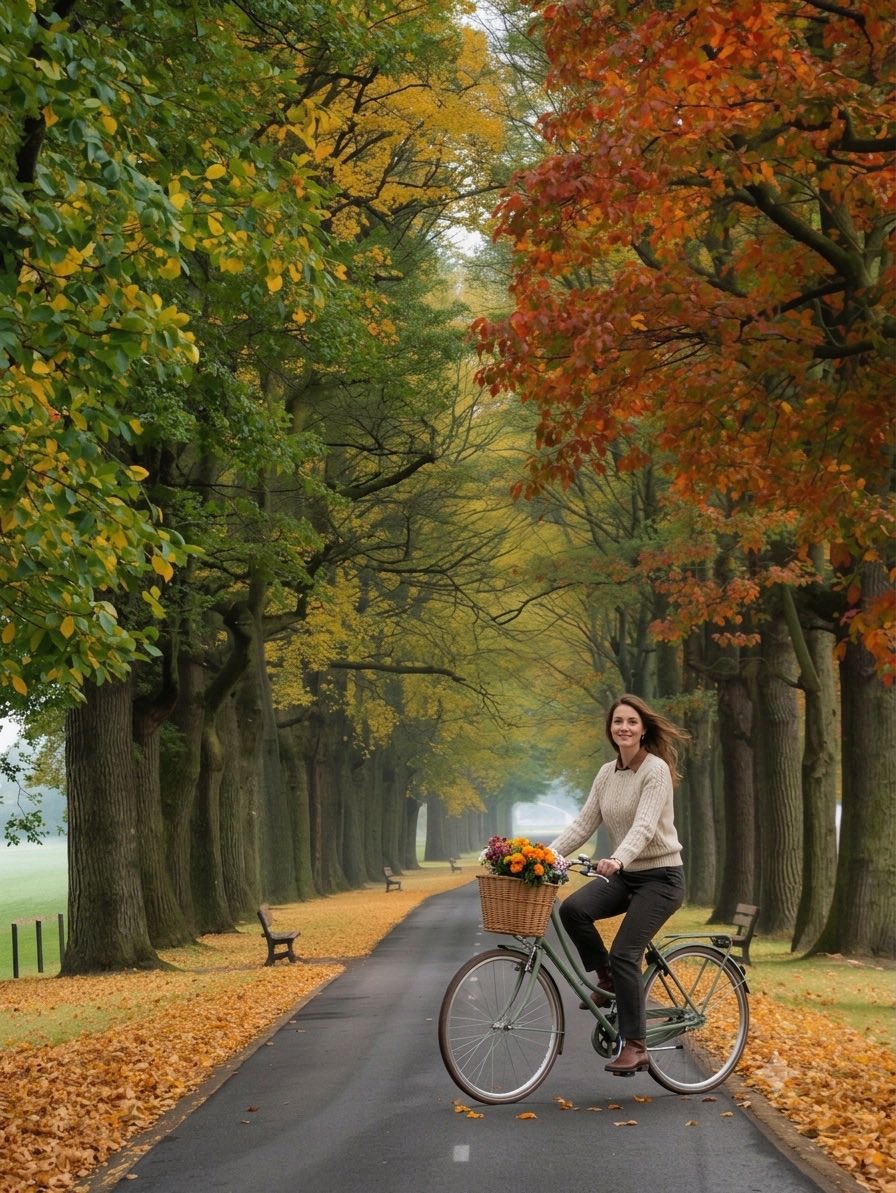 Woman rides vintage bicycle through golden autumn tunnel