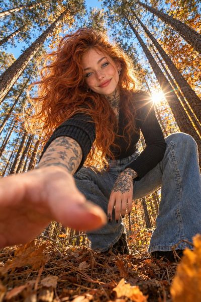 Low-angle shot of woman reaching hand in autumn pine forest