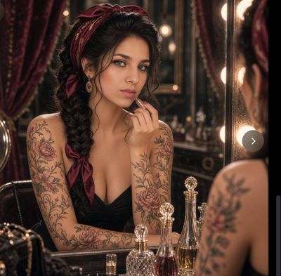 Woman with floral tattoos sits at backstage vanity mirror holding lipstick