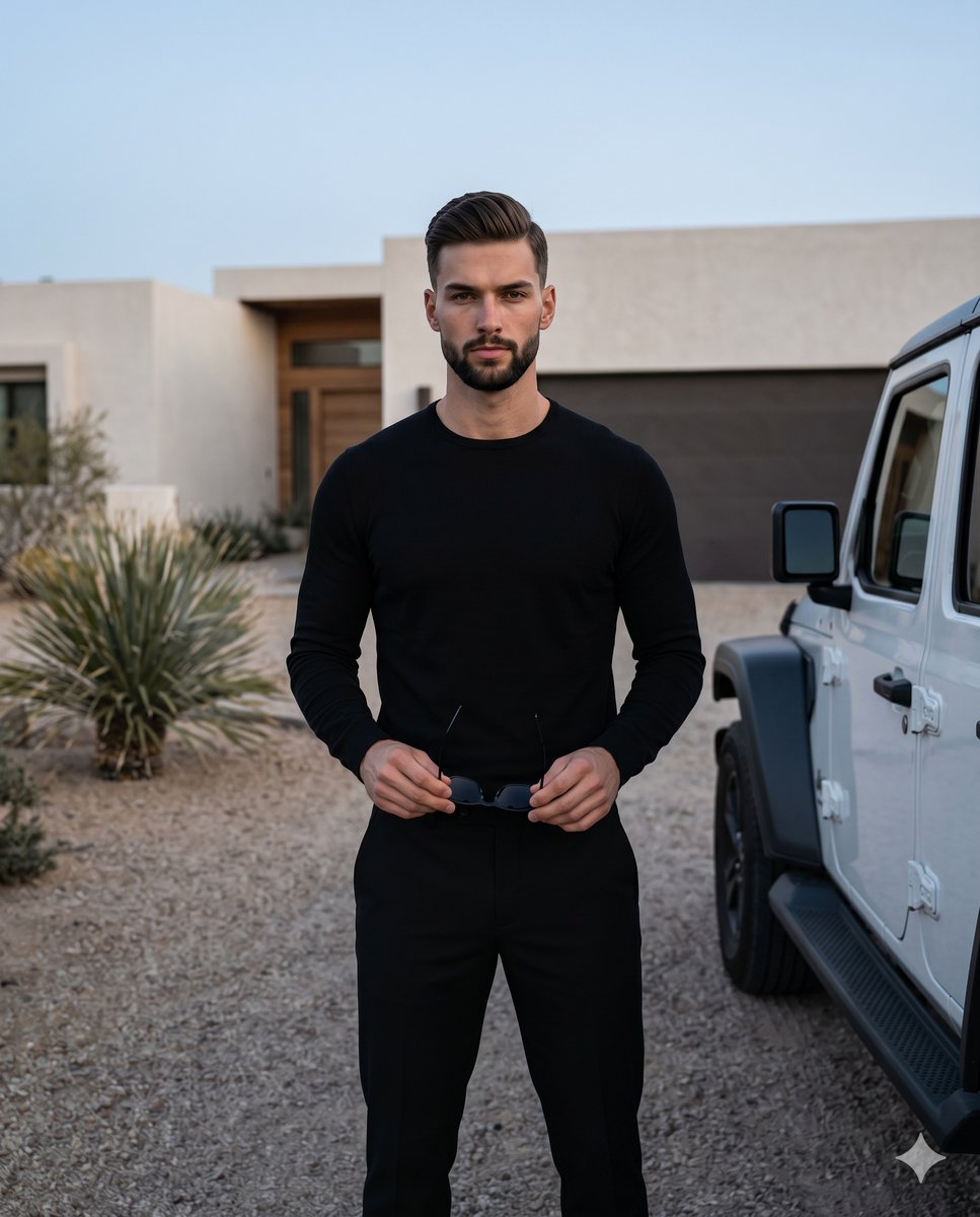 A confident man in black holds sunglasses by a white Jeep Wrangler