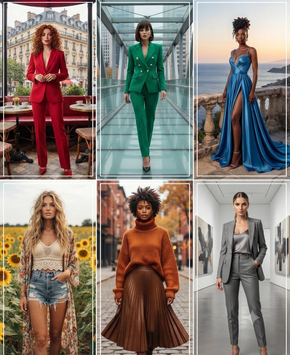 Six diverse women showcase unique fashion styles in a grid collage.