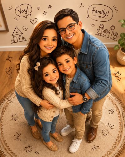 A cheerful family cluster smiles warmly under soft indoor lighting