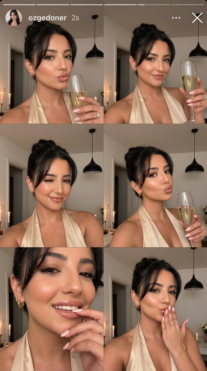 A woman in a champagne satin dress poses for a romantic selfie collage
