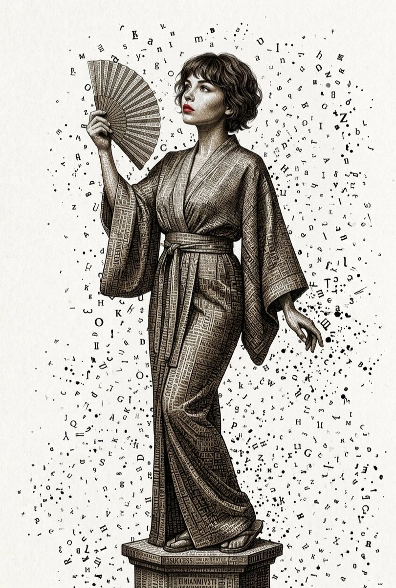 Text-clad woman with red lips stands on pedestal holding fan