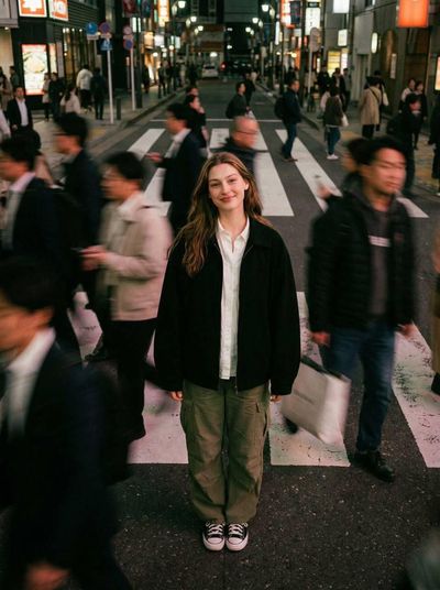 Young person smiles calmly amid blurred crowd at night crossing