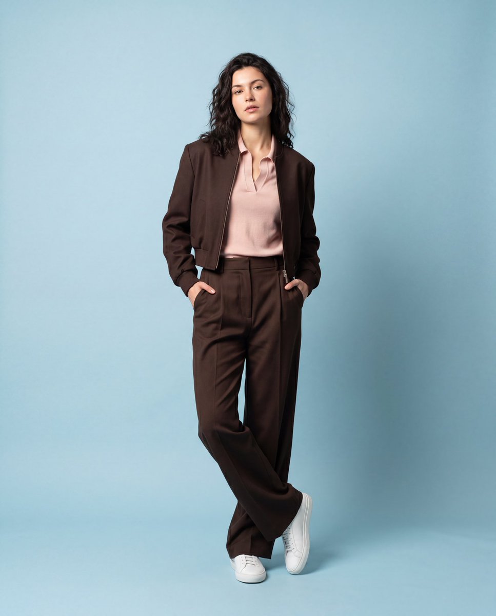 Model in neutral tailoring poses calmly against seamless backdrop