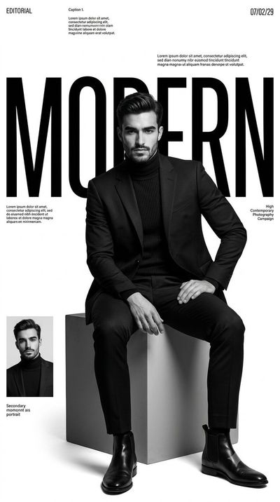 A sharp-suited model sits on a geometric cube in monochrome