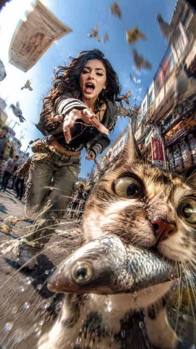 A sprinting thief cat with a fish barrels toward the lens
