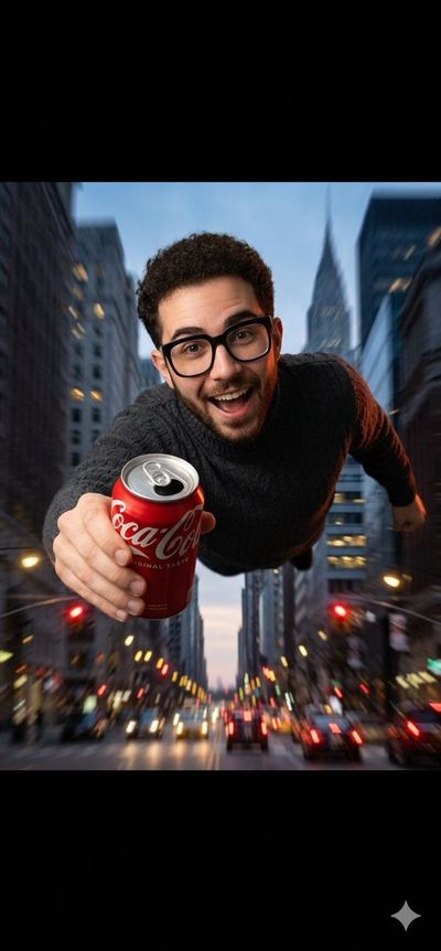 Supermen Soaring Through the City with Coca-Cola in Hand