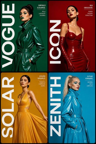 Four fashion models pose in a premium editorial grid layout