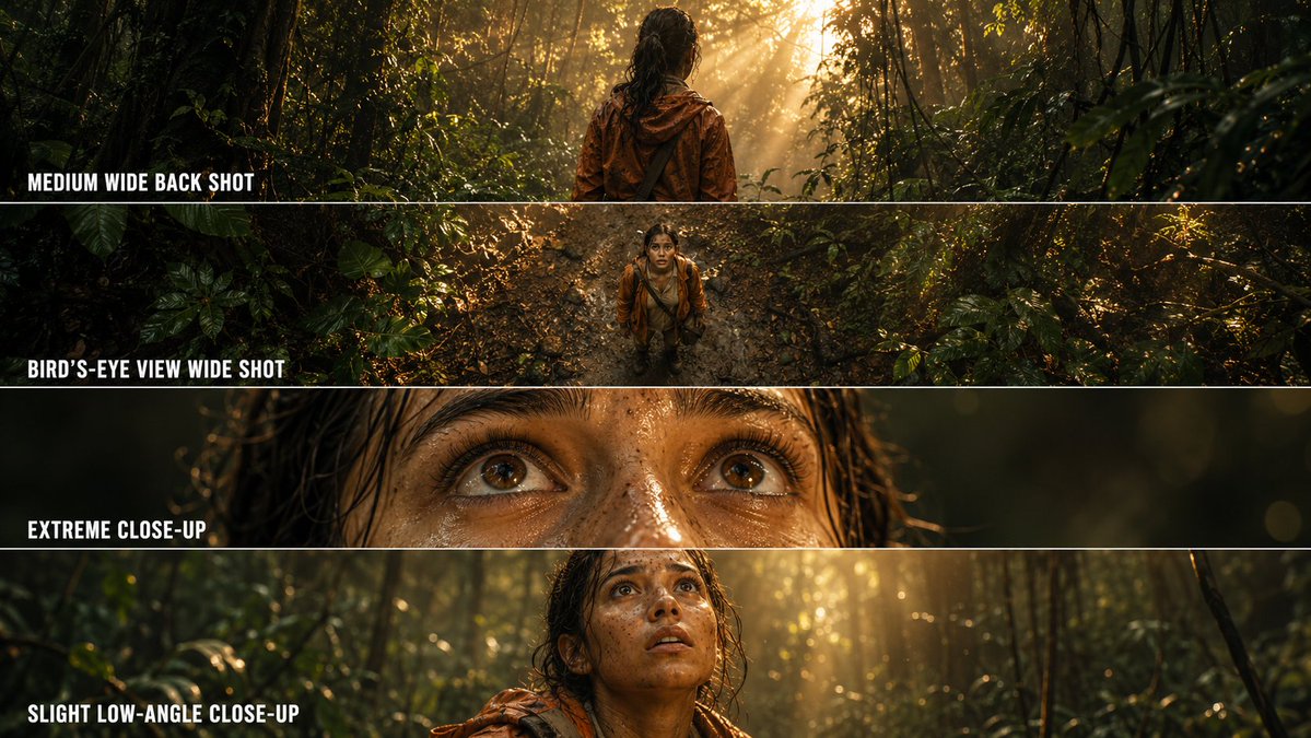 Jungle explorer stands beneath golden sunbeams in misty rainforest