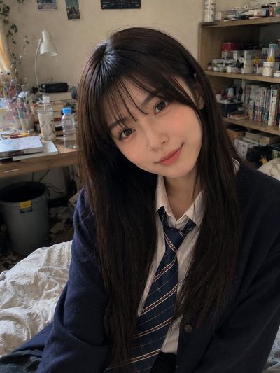 A young Japanese woman sits on a bed in a cozy room