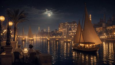 Moonlit feluccas drift on Nile's dark water in Cairo 1930