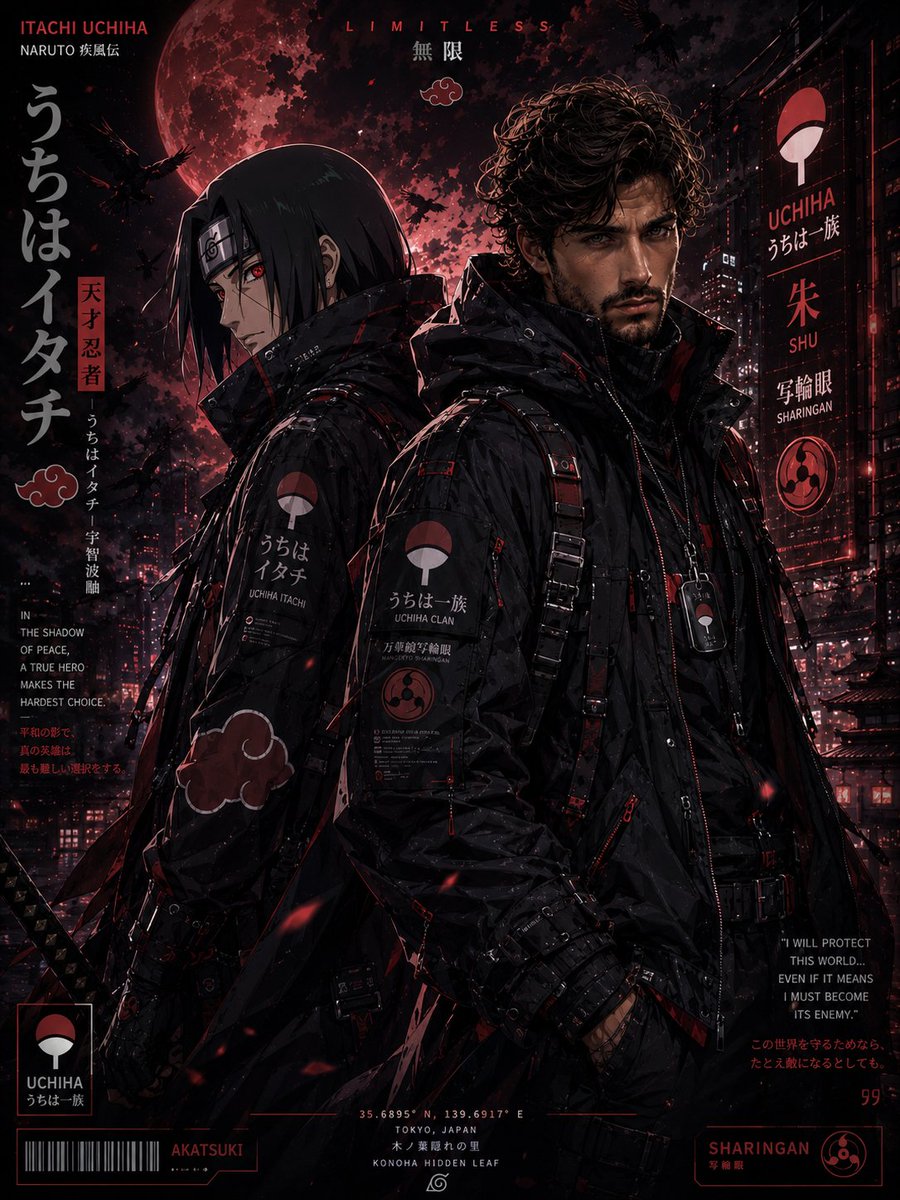 Two techwear warriors stand back-to-back in cinematic action pose