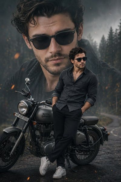 Man leans on Royal Enfield amid misty forest and floating embers