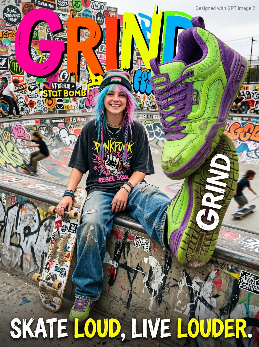 A skater girl poses beside a giant neon shoe on a ramp