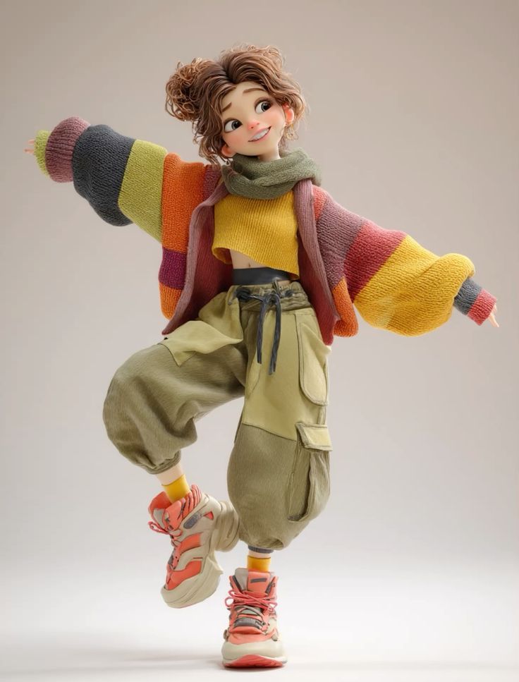Charming 3D Girl in Cozy Patchwork Streetwear with Playful Flair
