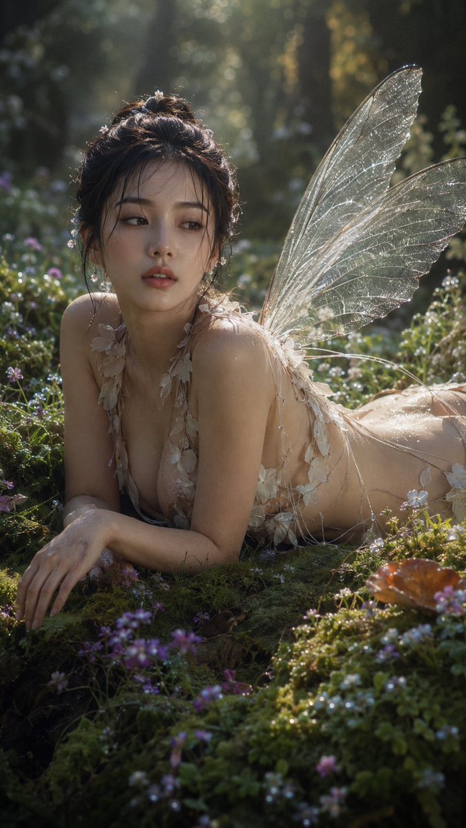 Ethereal Fae Woman With Insect Wings Resting On Dewy Moss