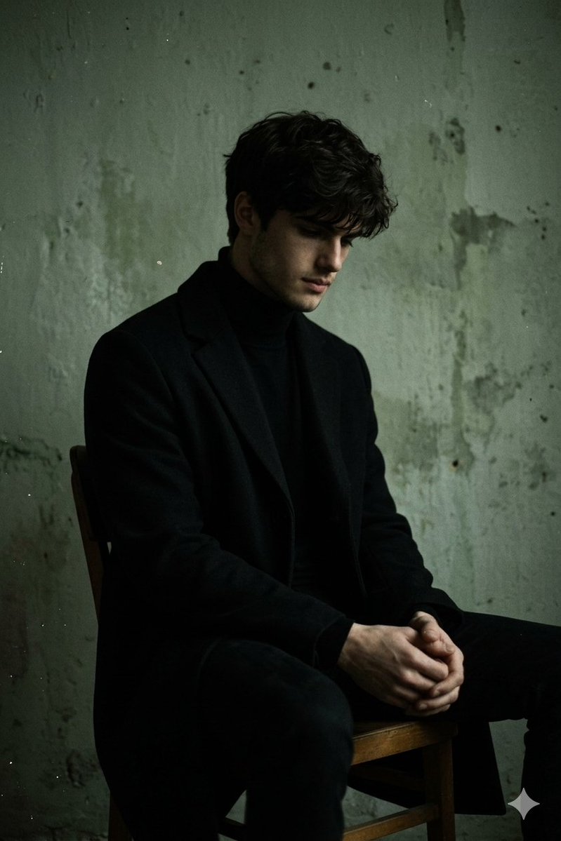 Young man in black coat sits in dim room with melancholic gaze.