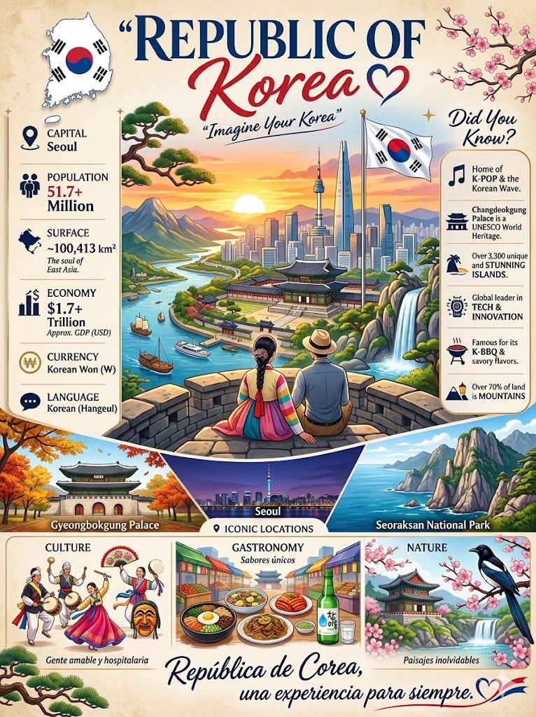 Vintage travel poster shows South Korea's skyline at sunset