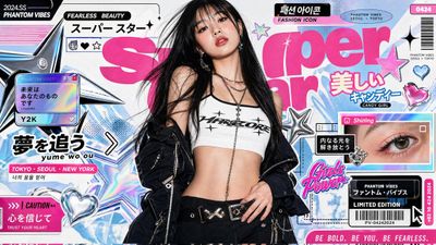 Asian model in K-fashion stands confidently amid retro pop-art graphics