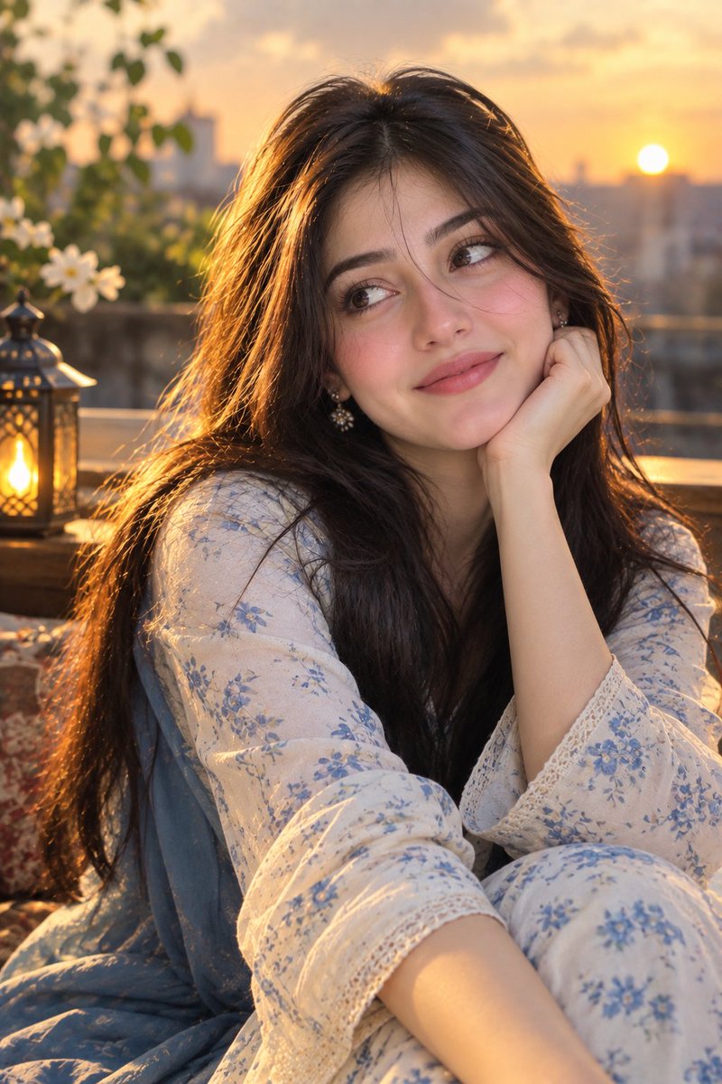 Golden Hour Glow Lights a Young Woman's Thoughtful Rooftop Contemplation