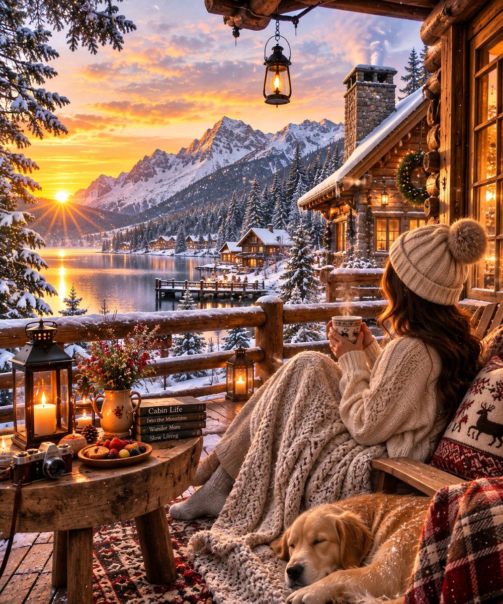 Cozy cabin morning with hot chocolate and fresh snow