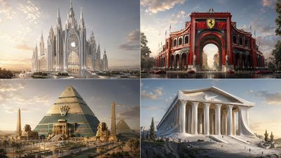 Rose gold cathedral glows under golden hour light with aerodynamic curves