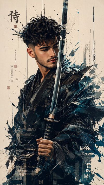 A young samurai in dark kimono holds a katana amid shattered fragments