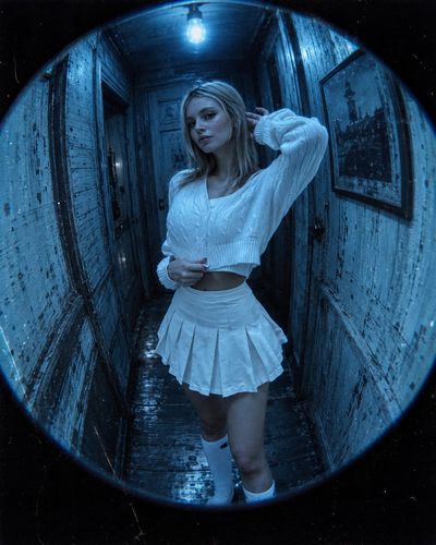 Fisheye Lens Captures Model in Blue Tinted Wooden Hallway