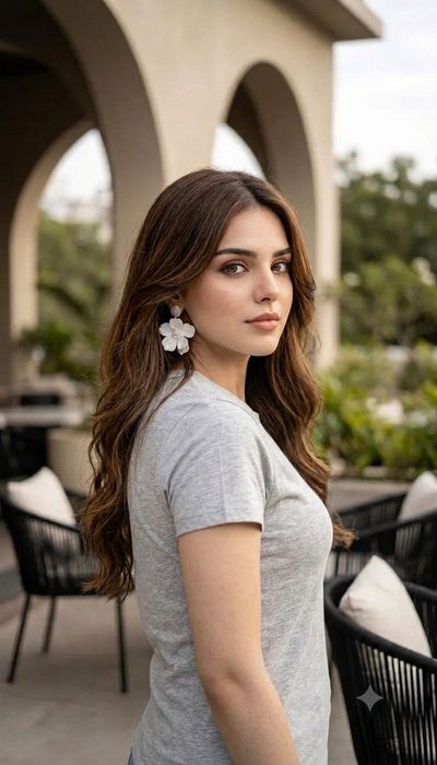 Young woman in gray tee turns over shoulder with gentle gaze