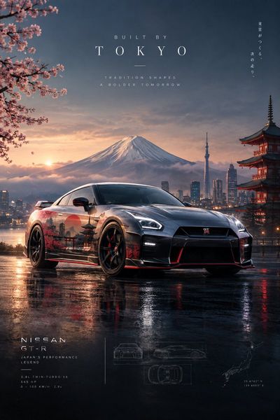 Sleek car emerges from Tokyo's neon-lit wet asphalt reflections