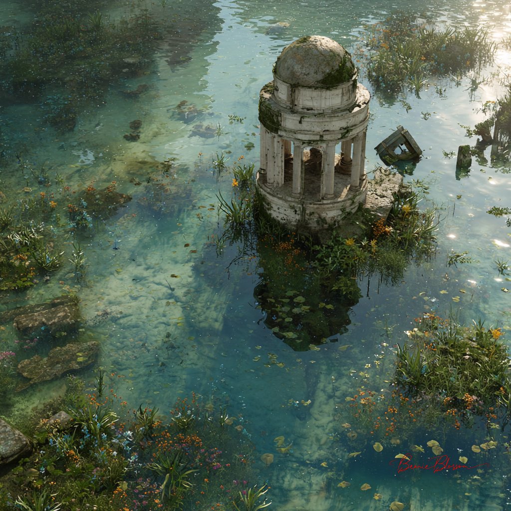 Sunken observatory rests beneath crystal lagoon with ancient instruments