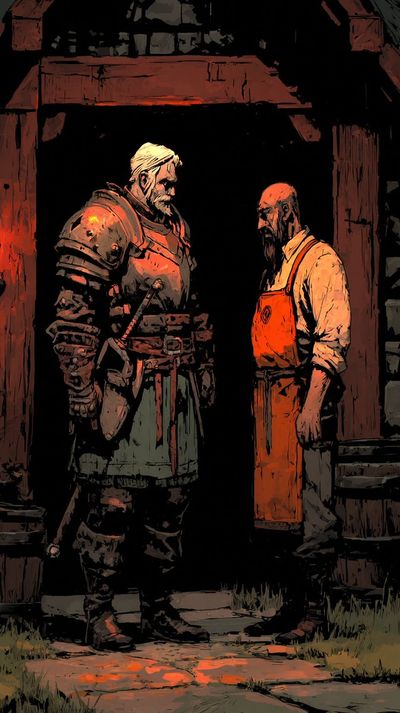 Medieval Guard and Blacksmith Engaged in Sunset Dialogue