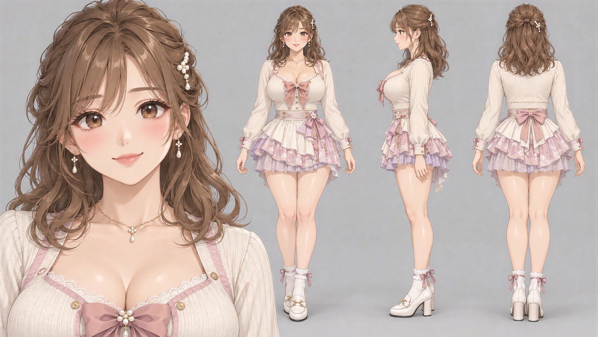 Elegant anime character sheet shows front profile and back in studio
