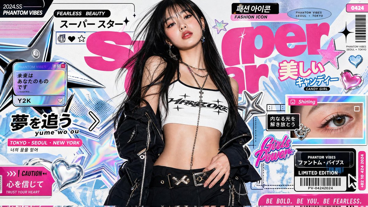Asian model in K-fashion stands confidently amid retro pop-art graphics