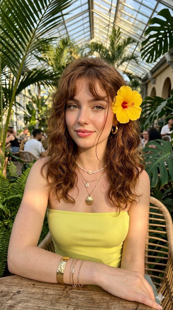 Young woman with red hair and yellow flower gazes in tropical cafe